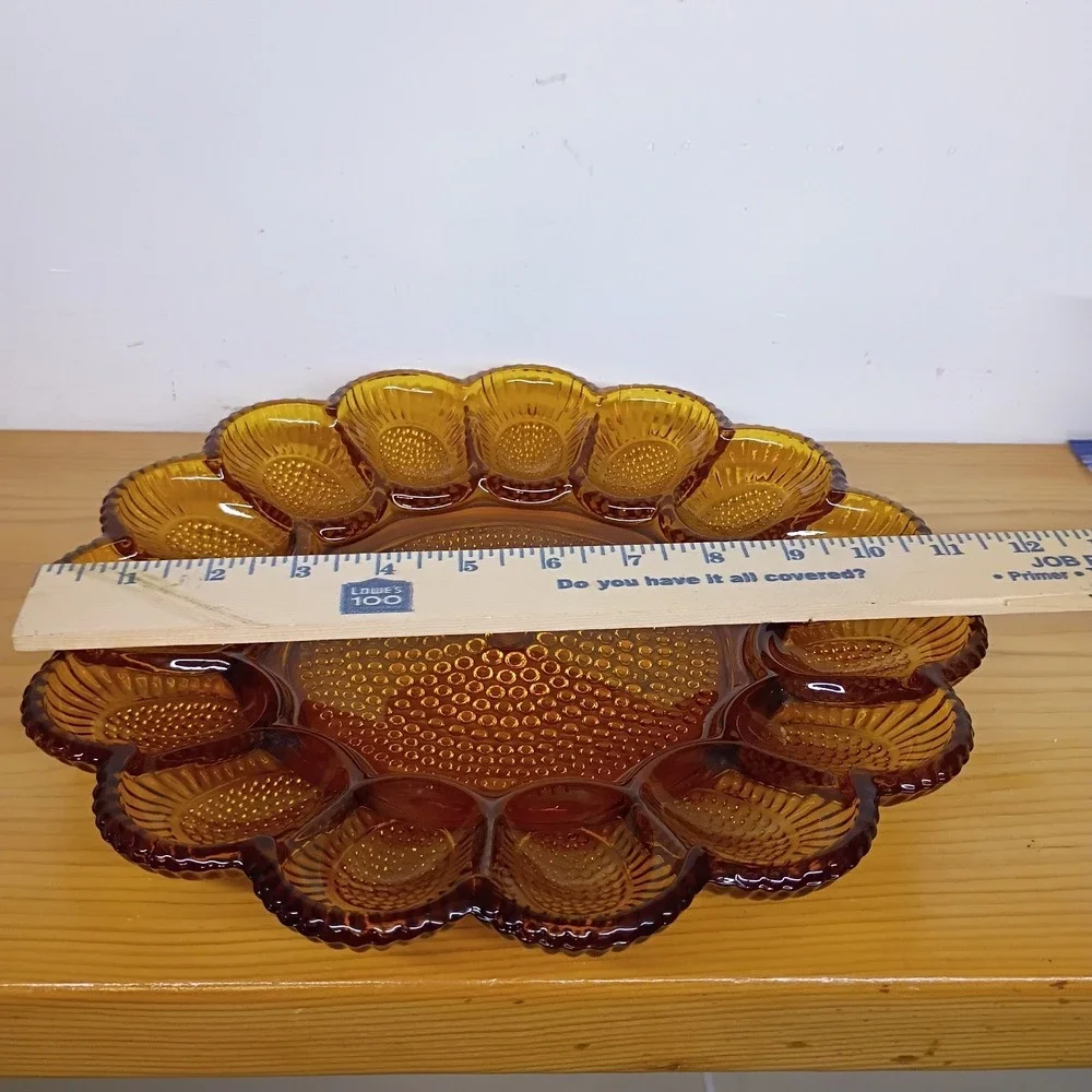 Indiana Glass Deviled Egg Plate Vintage Amber Hobnail 11